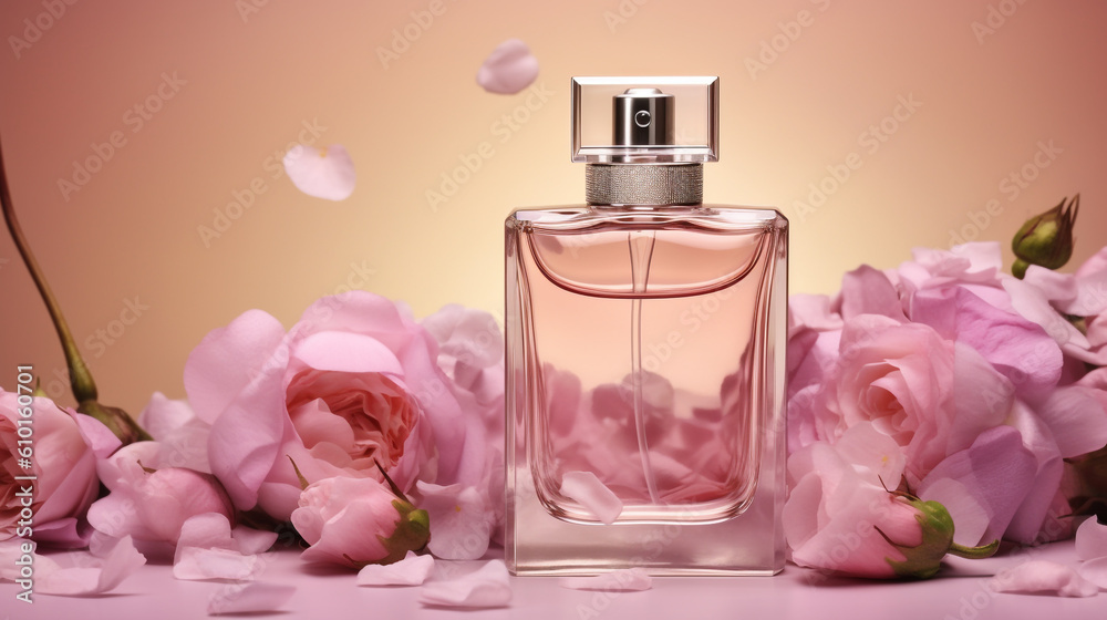 a bottle of parfume with petal decoration generative ai