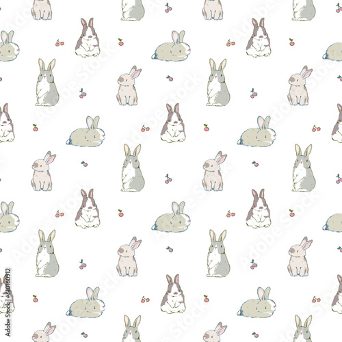 Seamless Pattern with Hand Drawn Rabbit and Cherry Design on White Background
