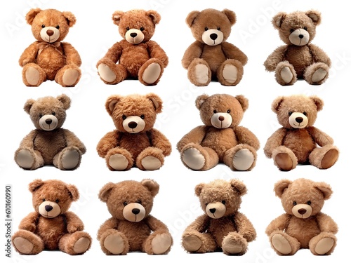 Teddy bear collection isolated on white background with AI generated.
