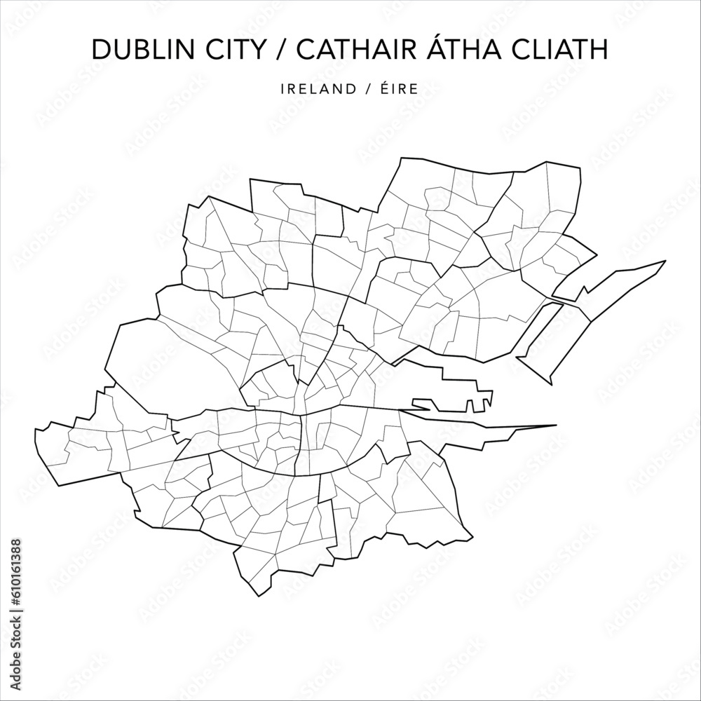 Fototapeta premium Vector Map of Dublin City (Baile Átha Cliath) with the Administrative Borders of Local Electoral Areas and Electoral Divisions from 2018 to 2023 - Republic of Ireland