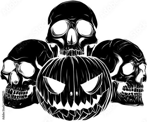 Monochrome Halloween pumpkin with skulls, vector illustration art