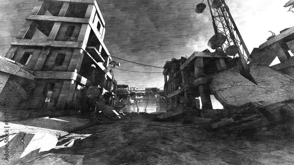 Movement On The Destroyed Infrastructure Of The City. Animated Illustration On The Theme Of Apocalypse, Destruction And Wars.