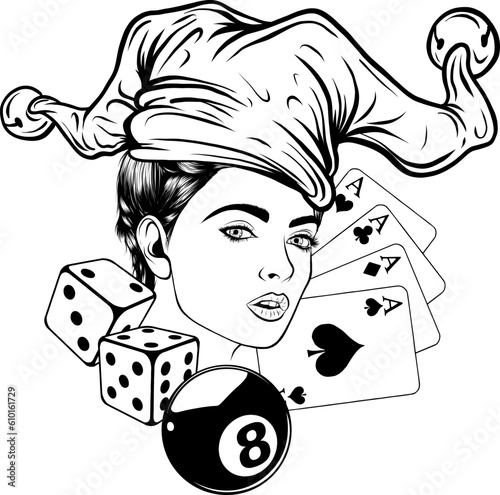 Monochrome woman Joker with card, eight ball and dice. vector illustration on white background