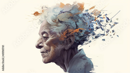 portrait of a old woman with fragmented pieces of memory, mental disease inspiration