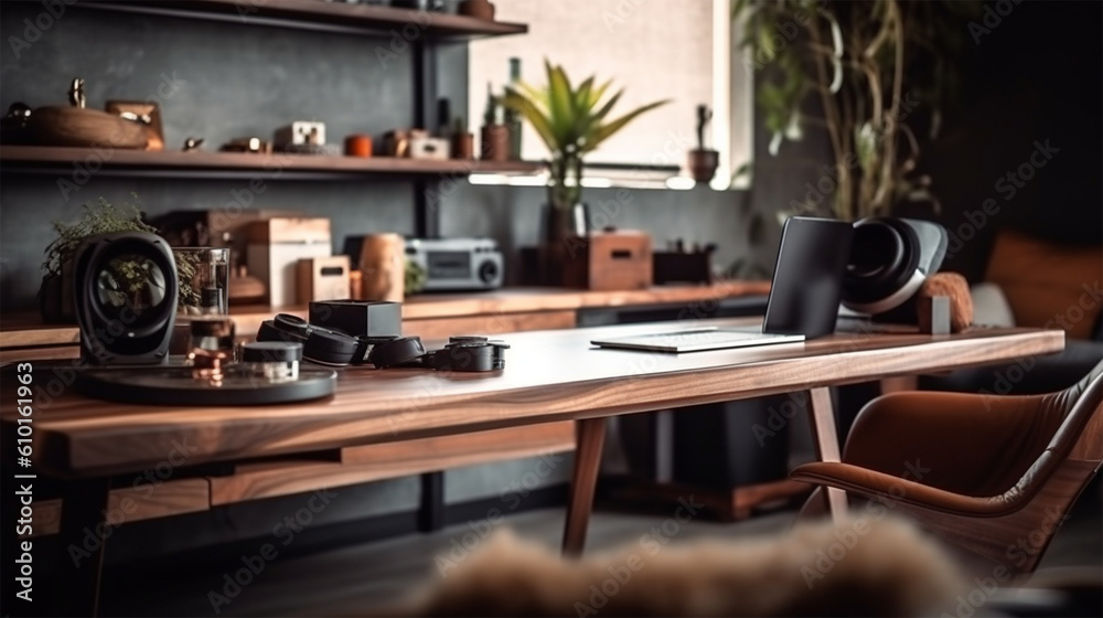a roomy office and open space with two conference tables, wood walls, and a wooden desk, in the style of monochrome toning, photo-realistic landscapes, living materials, glazed surfaces, light silver 