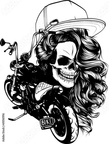 vector monochromatic illustration Motorcycle woman skull with