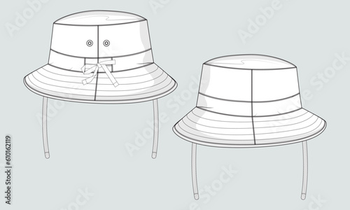Bucket Hat cap technical drawing fashion flat sketch vector illustration template front and back views