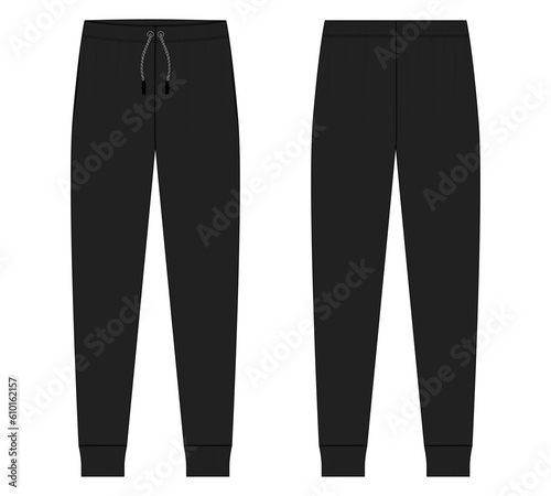 Black color trouser jersey pant vector illustration template front and back views isolated on white background