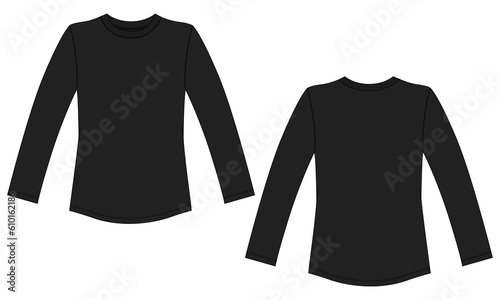 Long sleeve t shirt technical fashion flat sketch black color template for ladies. Apparel Cotton jersey vector illustration drawing mock up front, views. Clothing t shirt design for women's