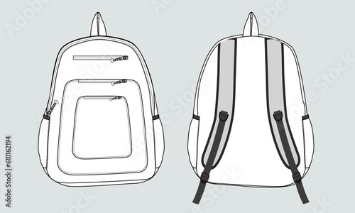 Back pack technical drawing fashion flat sketch vector illustration template front and back views