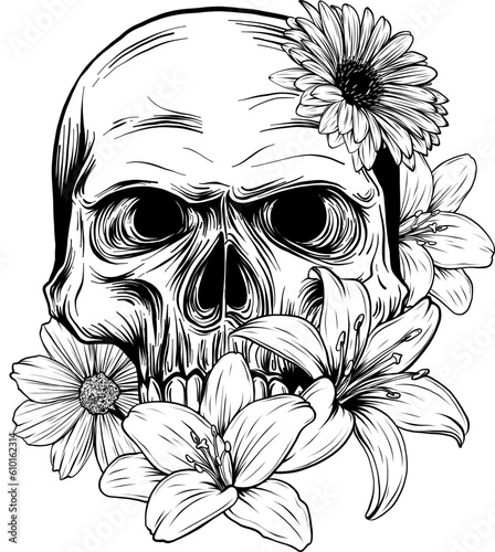 monochrome Leaning Skull Flowers Illustration. vector on white background