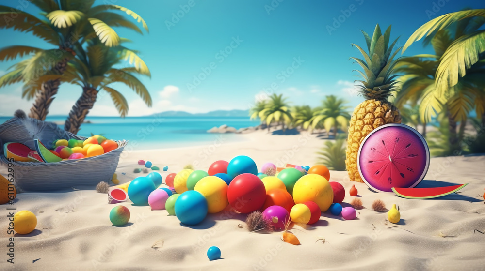 colorful ball and toys in summer beach ai generative