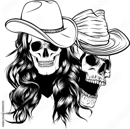 vector illustration of couple Skulls cowboy monochrome on white background