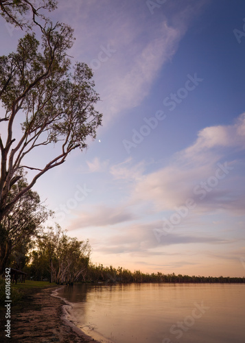 Pink clouds at sunset with trees and lake with reflections © Shirley and Johan