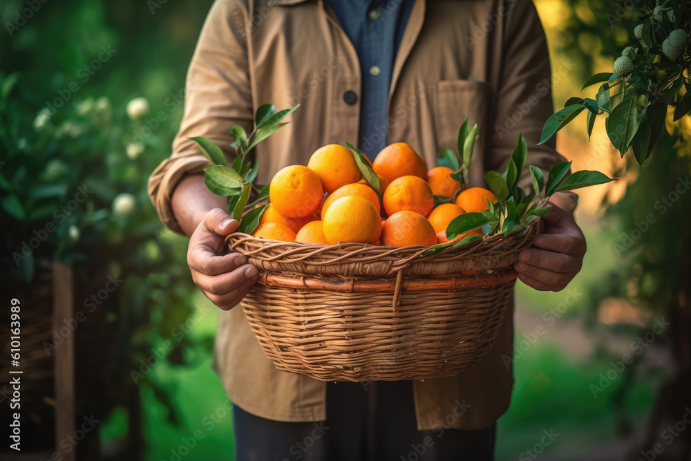 Man holding basket full of ripe oranges in a garden, Generative AI