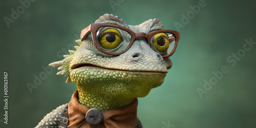Portrait of a lizzard wearing glasses and suite, Generative AI