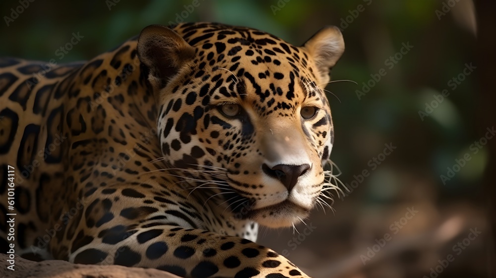 Close up portrait from side face ferocious carnivore leopard, stare or looking straight forward at nature background. Generative AI technology. Close up portrait from side face ferocious carnivore leopard, stare or looking straight forward at nature background. Generative AI technology.