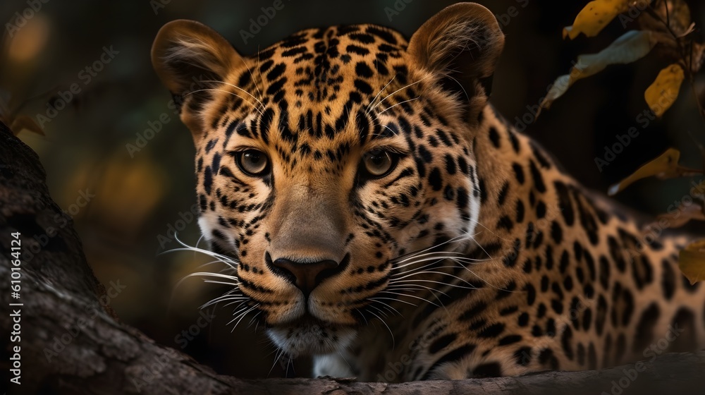 Obraz premium Close up portrait from side face ferocious carnivore leopard, stare or looking straight forward at nature background. Generative AI technology.