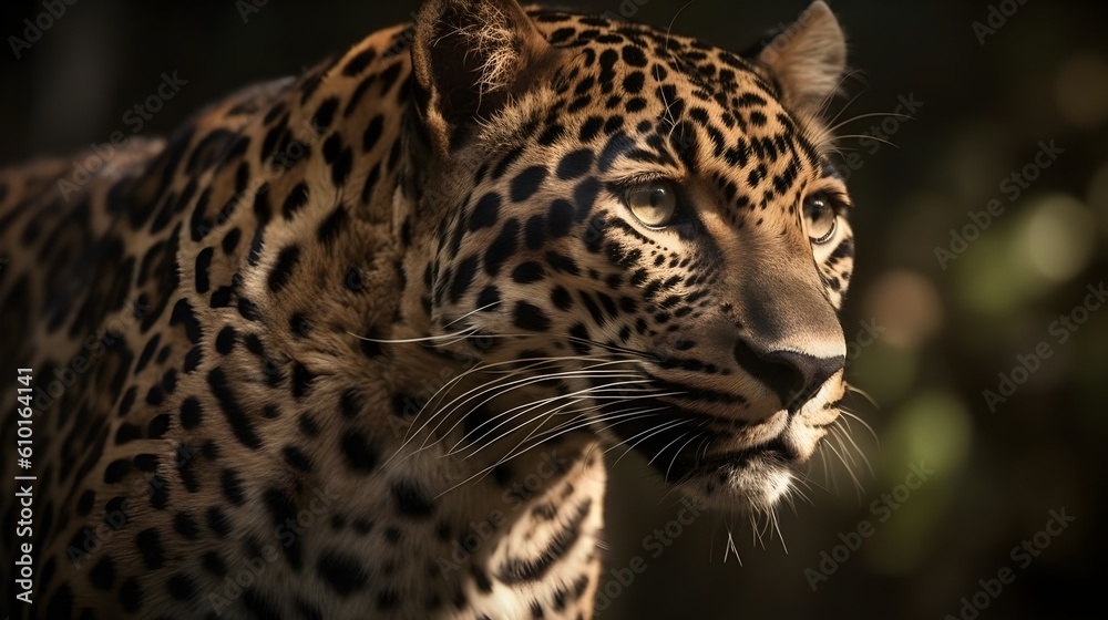 Close up portrait from side face ferocious carnivore leopard, stare or looking straight forward at nature background. Generative AI technology. Close up portrait from side face ferocious carnivore leopard, stare or looking straight forward at nature background. Generative AI technology.
