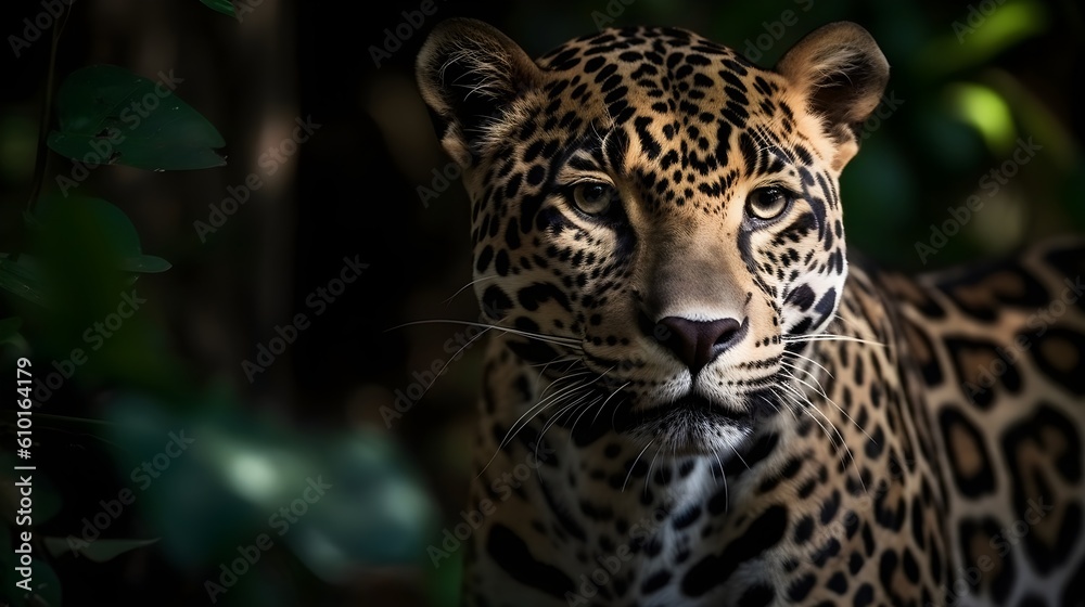 Close up portrait from side face ferocious carnivore leopard, stare or looking straight forward at nature background. Generative AI technology. Close up portrait from side face ferocious carnivore leopard, stare or looking straight forward at nature background. Generative AI technology.