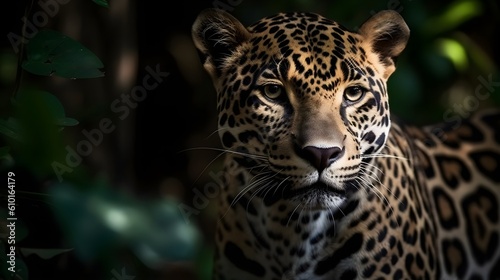 Close up portrait from side face ferocious carnivore leopard, stare or looking straight forward at nature background. Generative AI technology.