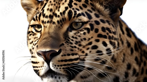 Close up portrait from side face ferocious carnivore leopard  stare or looking straight forward isolated on white background. Generative AI technology.