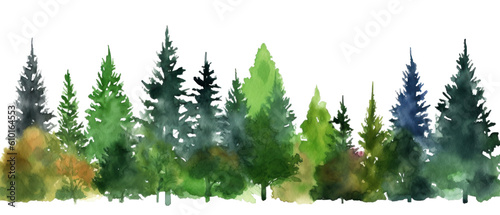 Leinwand Poster watercolor landscape with fir trees, abstract nature background, forest template, hand drawn illustration