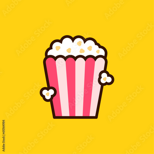 Popcorn vector illustration on yellow background. Simple popcorn cartoon 