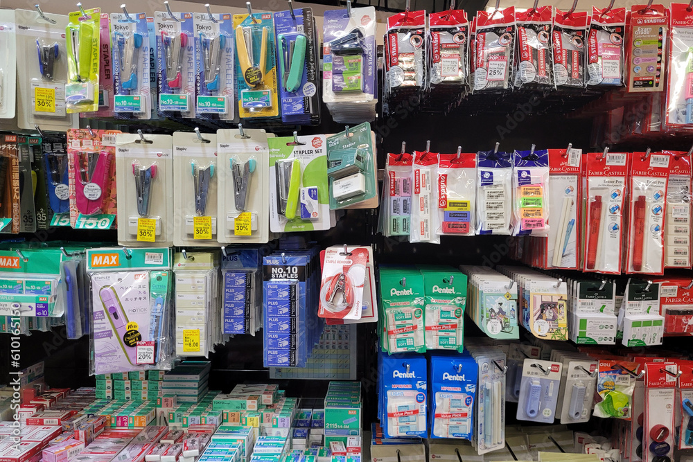 PENANG, MALAYSIA - 27 MAY 2023: Shelf of stationery, correction pens ...