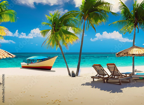 Beautiful luxury outdoor swimming pool around coconut palm tree © Im