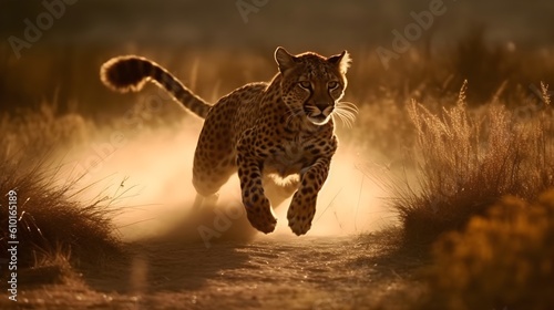 Ferocious carnivore leopard running and hunting to get the prey at the savannah desert background. Generative AI technology.