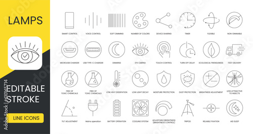 Set of line icons in vector for lamp packaging, technical specifications illustration, voice control and smart control, soft dimming and number of colors, free of toxic chemicals. Editable stroke. photo