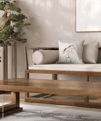 Foto Blank Antique wooden coffee table in vintage Chinese living room, wood day bed s