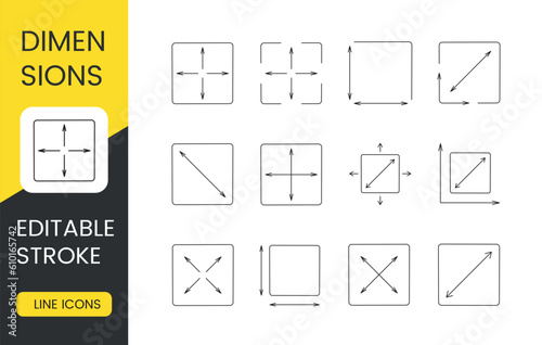 Vector set of line icons representing dimensional sizes. Editable stroke.