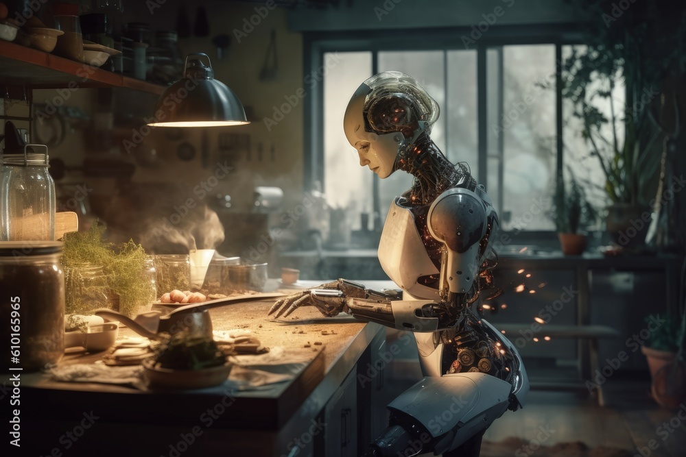 A female android robot based on artificial intelligence. Assistant at home, cleaning, cooking and various entertainment. Cute Woman, nano-technology, revolution in science. Perfection. Generative AI. A female android robot based on artificial intelligence. Assistant at home, cleaning, cooking and various entertainment. Cute Woman, nano-technology, revolution in science. Perfection. Generative AI.