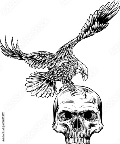 vector illustration of monochrome eagle on human skull isolated background