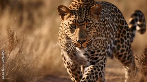 Ferocious carnivore leopard walking and hunting at the savannah desert background. Generative AI technology. © Riocool