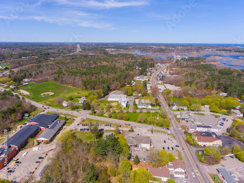 Hampton Falls town center aerial view including First Baptist Church at Town Common, Hampton Falls, New Hampshire NH, USA. 