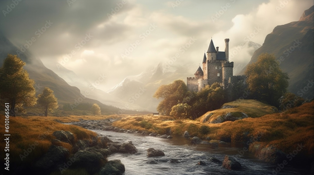 Fototapeta premium Illustration of a decaying castle in a Scottish landscape. Generative AI. 