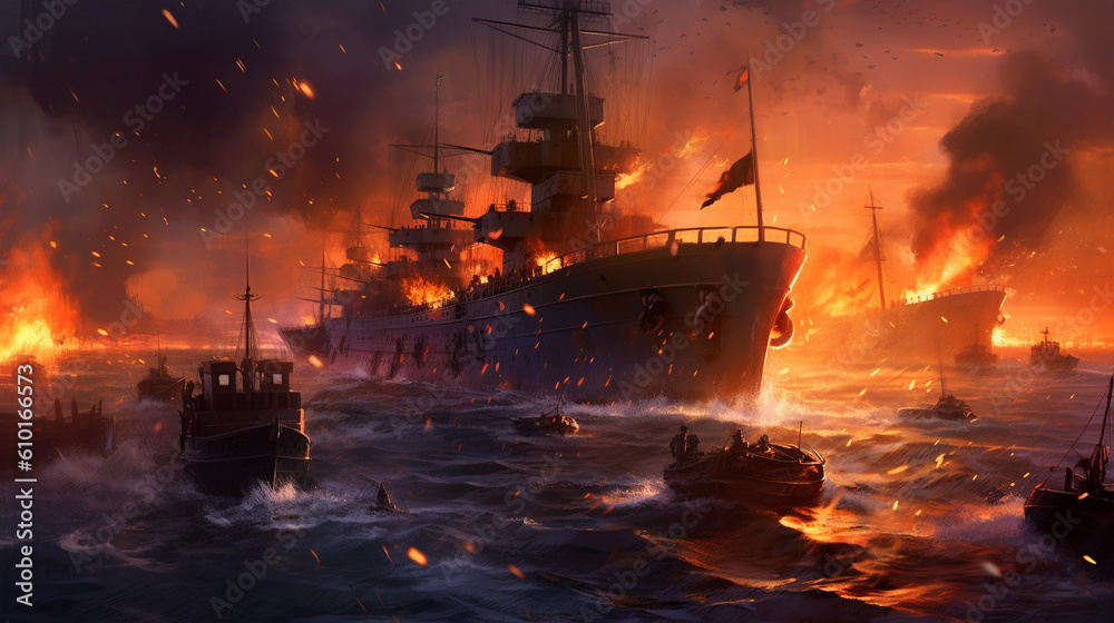 Illustration of modern naval ships in conflict. Generative AI. Illustration of modern naval ships in conflict. Generative AI.