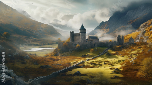 Illustration of a decaying castle in a Scottish landscape. Generative AI. 