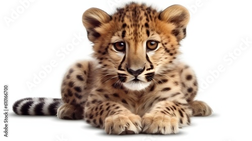Ferocious carnivore baby leopard sit and look straight at the camera studio shot isolated on white background. Generative AI technology. © Riocool