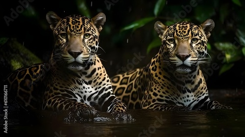 Two ferocious carnivore leopard swimming and stare at something with nature background. Generative AI technology.