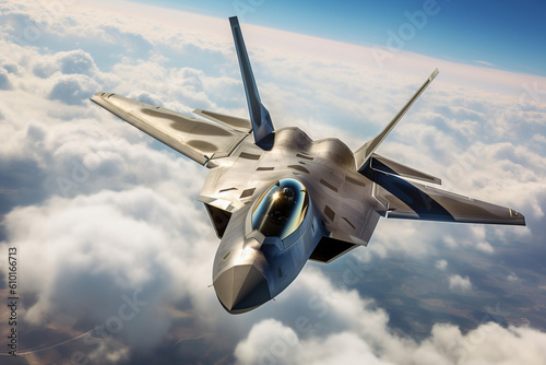 Illustration of a F-22 Raptor in flight. Generative AI. 