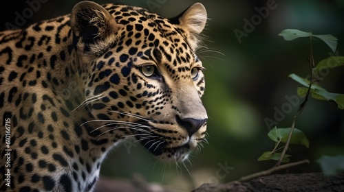 Close up portrait from side face ferocious carnivore leopard, stare or looking straight forward at nature background. Generative AI technology. © Riocool