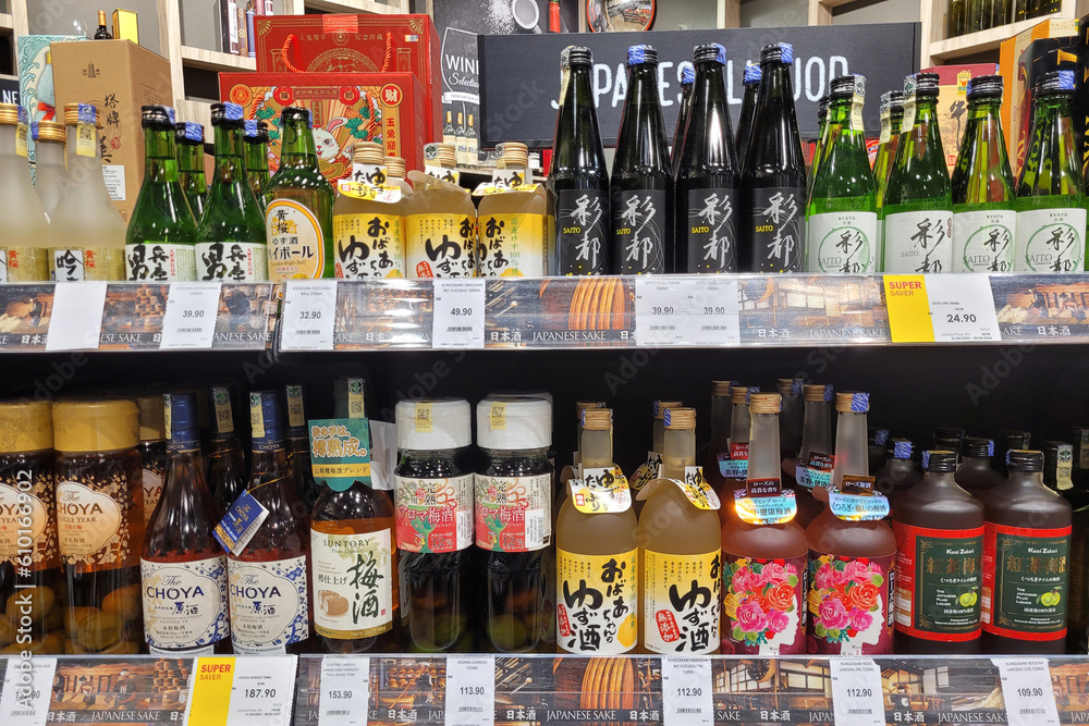 PENANG, MALAYSIA 26 MAY 2023 An assortment of Japanese wine and hard