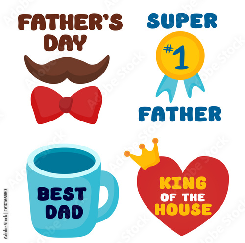 Father's day flat sticker, badge, icon, pin collection. Mustache with bow tie. Mug best dad. Super medal number one father. King of the house.