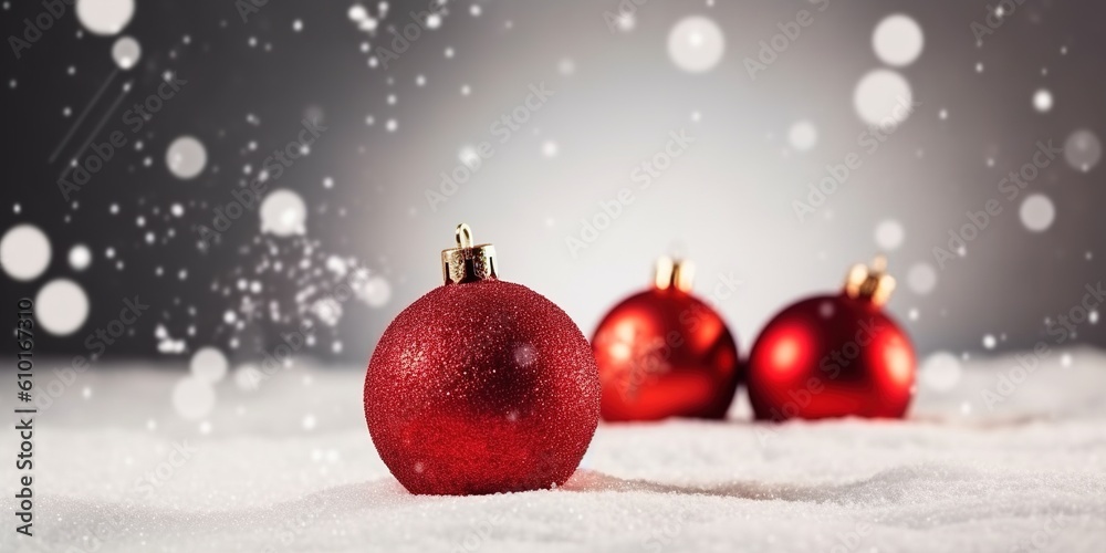 Red Christmas ball on white snow with copy-space. Generative AI. Red Christmas ball on white snow with copy-space. Generative AI.