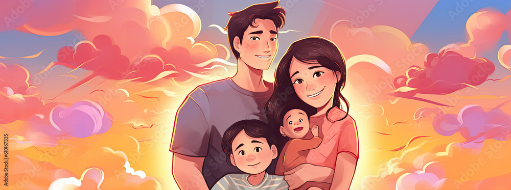 Father and mother and their children smiling under the beautiful sky. Created with Generative AI technology. Father and mother and their children smiling under the beautiful sky. Created with Generative AI technology.
