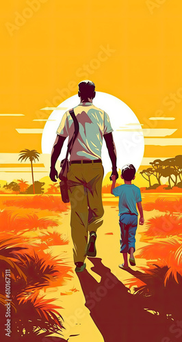 father and his son walking hand in hand. Created with Generative AI technology. 